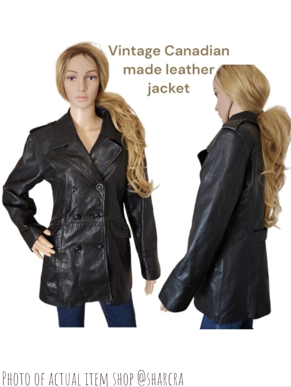 Vintage Modo Peau women's leather coat double breast notch collar black XS S